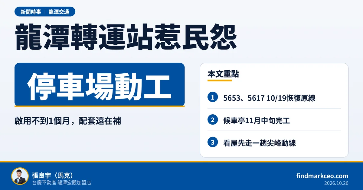 龍潭轉運站啟用不到1個月惹民怨：公車改線、臨時停車場動工、候車亭11月中完工，買房前要懂3件事｜封面圖